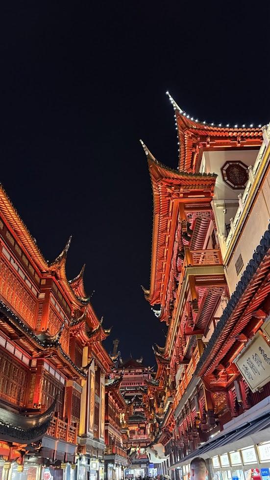 夜にライトアップされた豫園の建物群